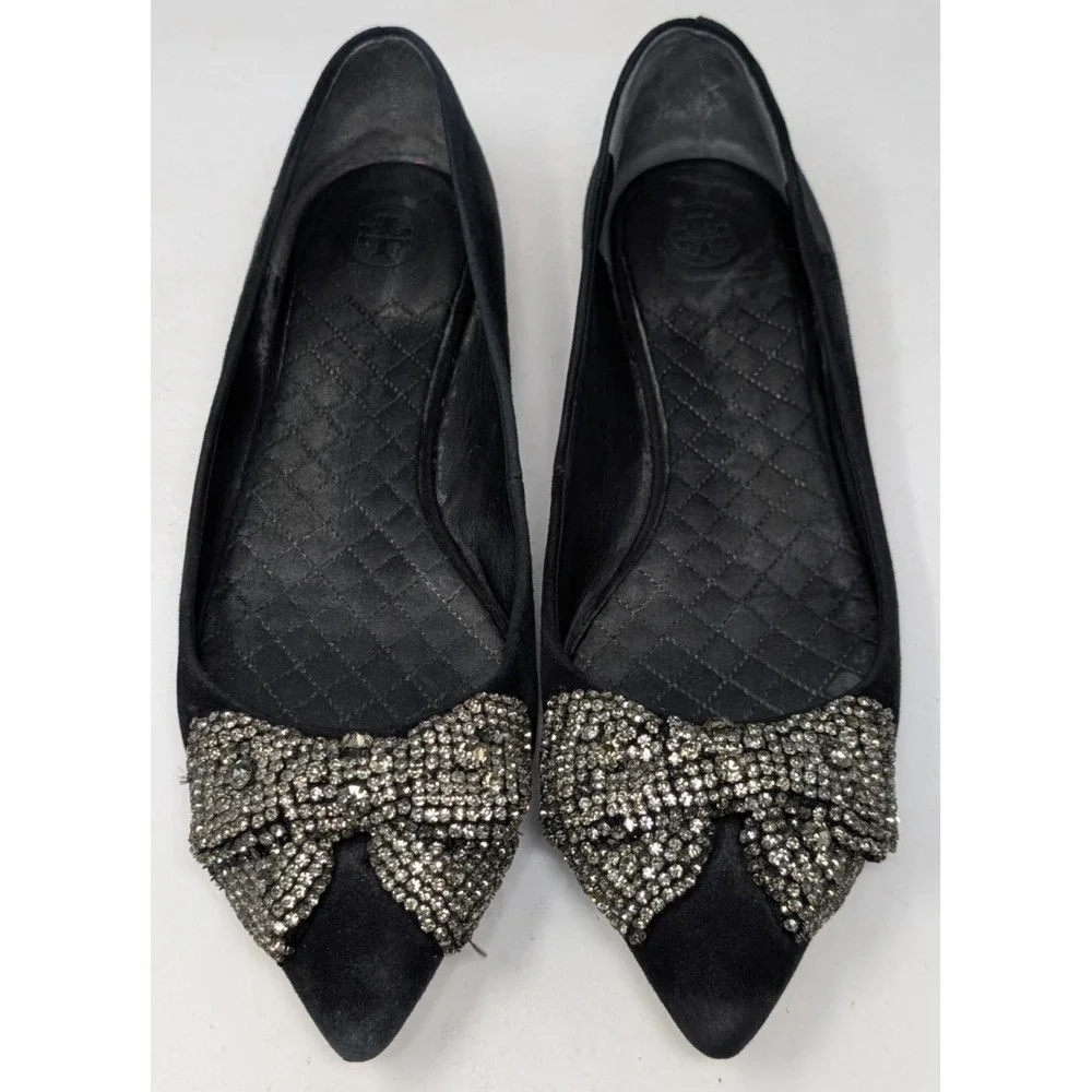Tory Burch Esme Crystal‎ Rhinestone Bow Flats Black Suede Women's Size 9 M Shoes